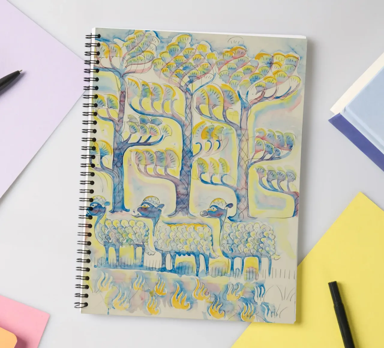 Sheep and Pine Trees spiral notebook by Damian Jackson