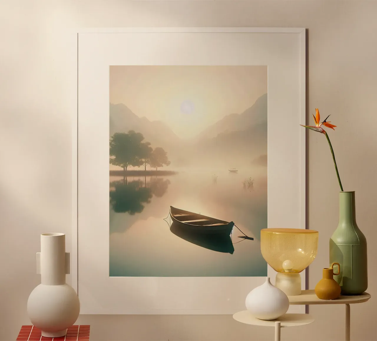 Barca a remi nella nebbia del mattino poster con telaio in alluminio da Digital Naive