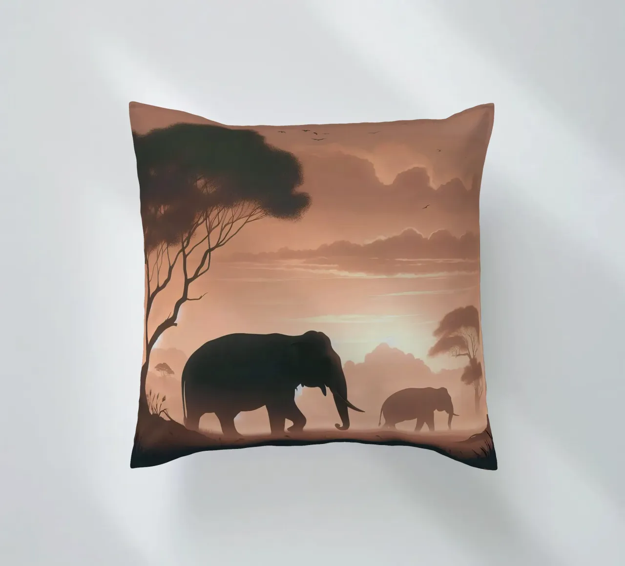 Elephant in the morning light decorative cushion by Digital Naive