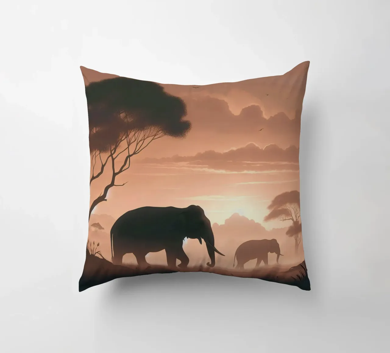 Elephant in the morning light decorative cushion by Digital Naive