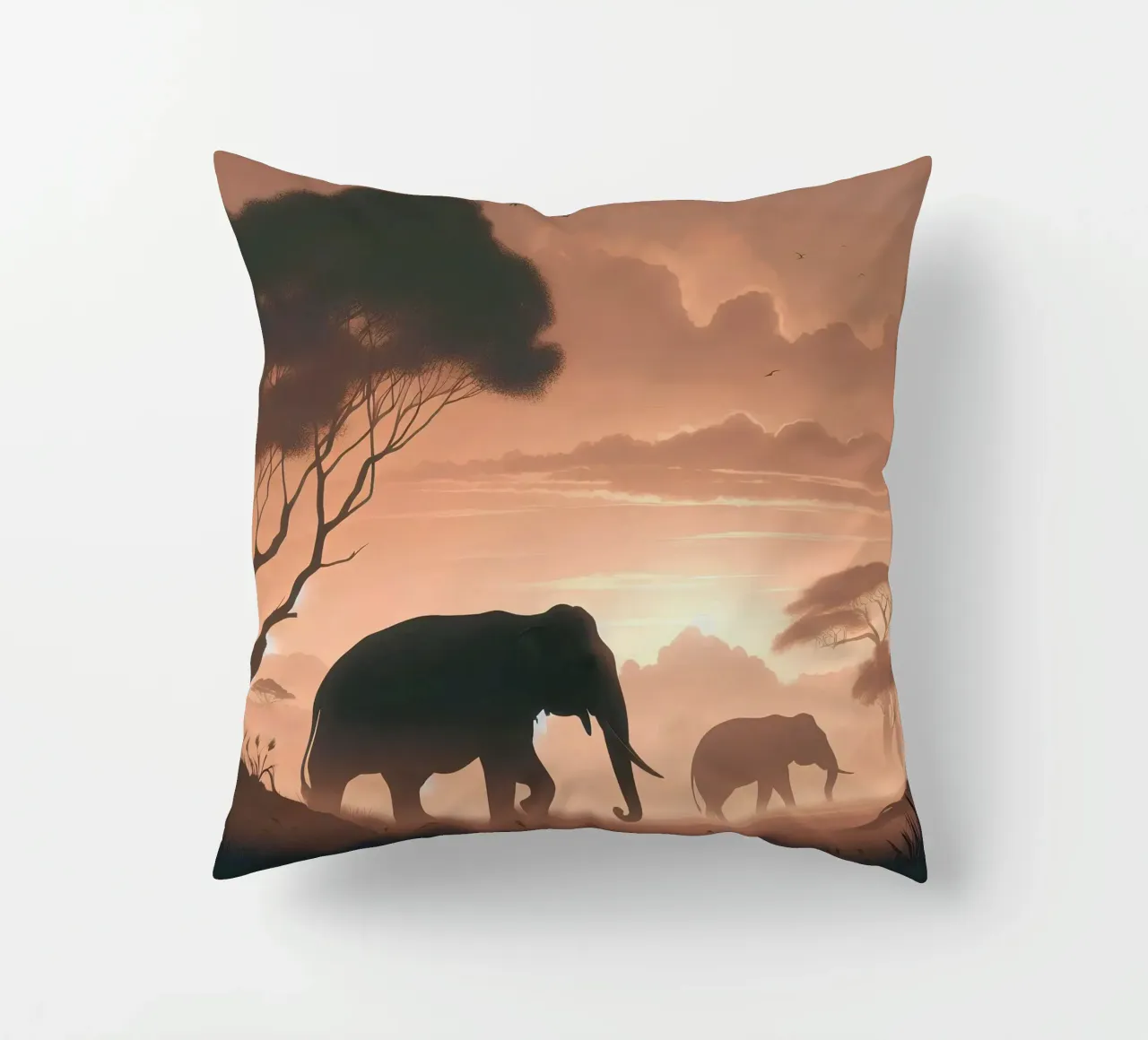 Elephant in the morning light decorative cushion by Digital Naive