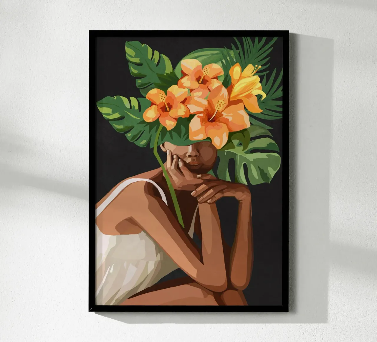 Woman with tropical flowers and leaves on the head poster con telaio in plastica da Nadjaa
