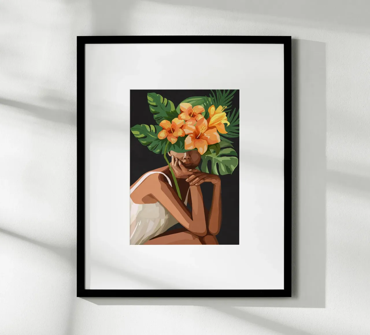 Woman with tropical flowers and leaves on the head poster con telaio in plastica da Nadjaa