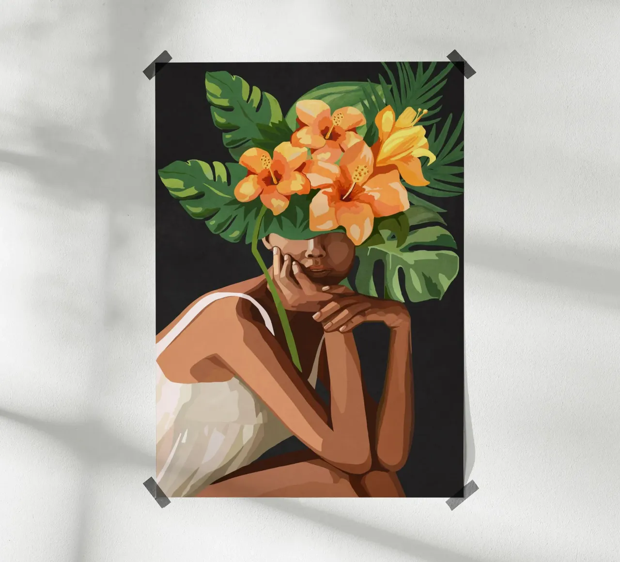 Woman with tropical flowers and leaves on the head poster con telaio in plastica da Nadjaa