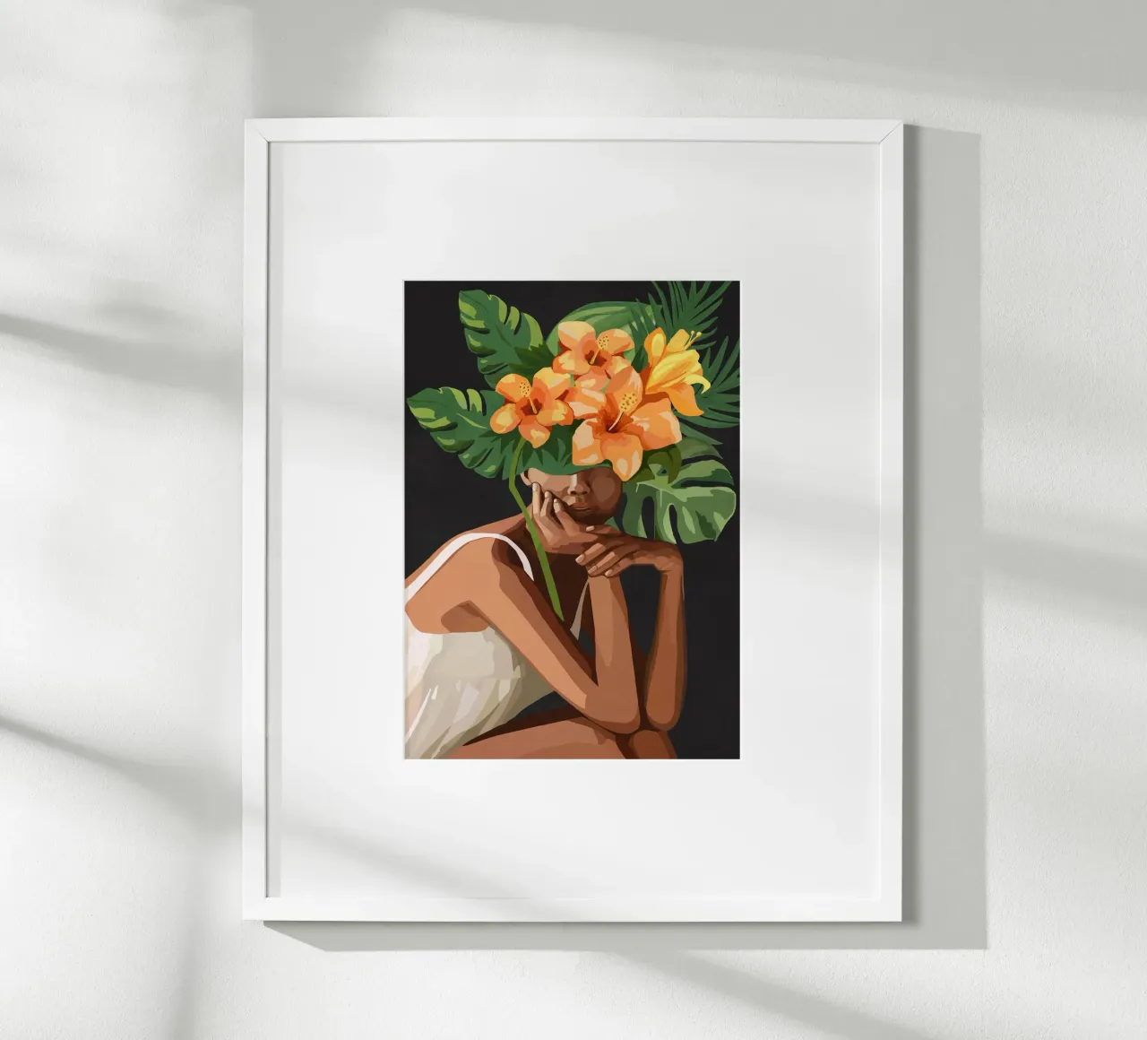 Woman with tropical flowers and leaves on the head poster con telaio in plastica da Nadjaa