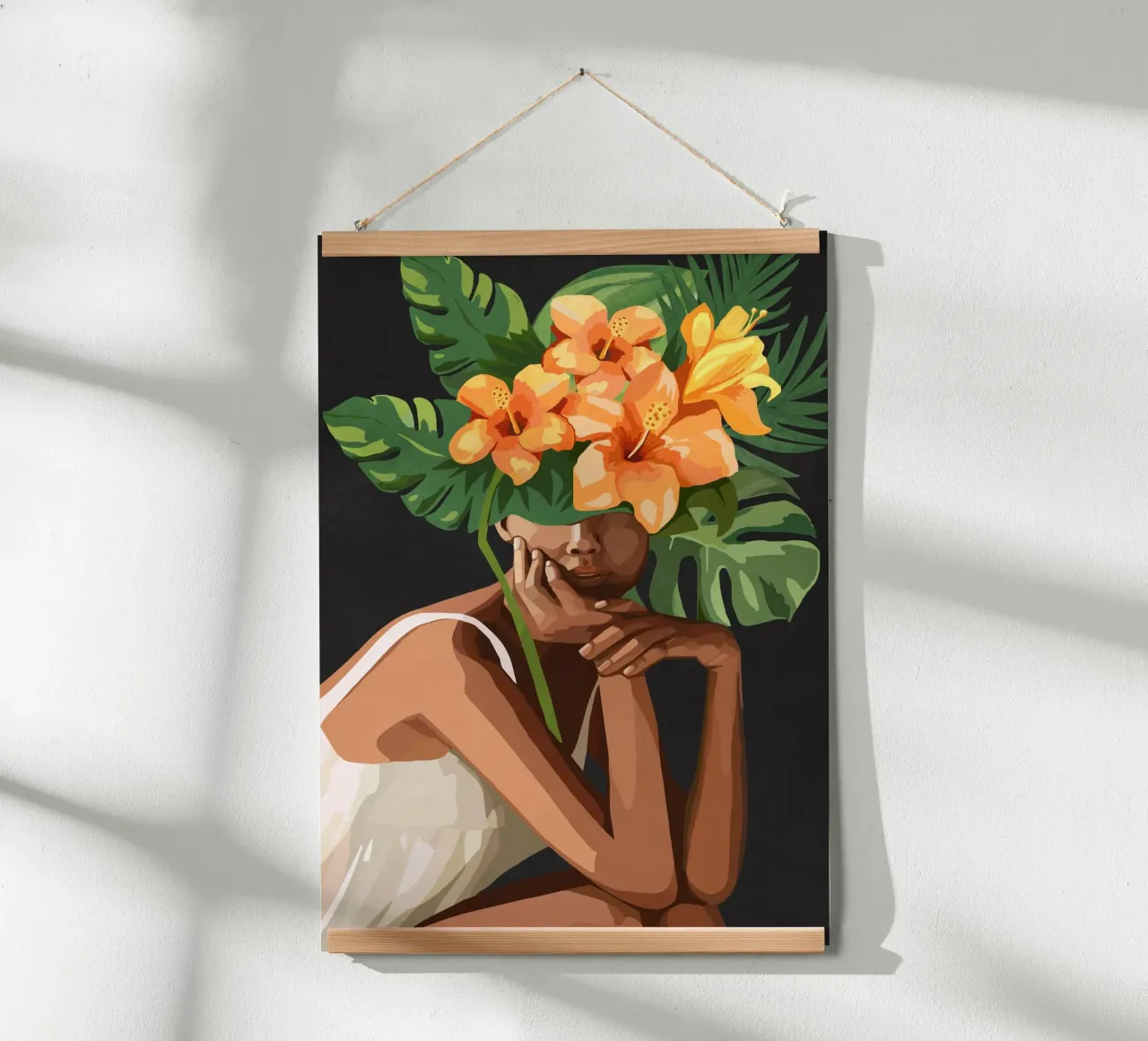 Woman with tropical flowers and leaves on the head poster con telaio in plastica da Nadjaa