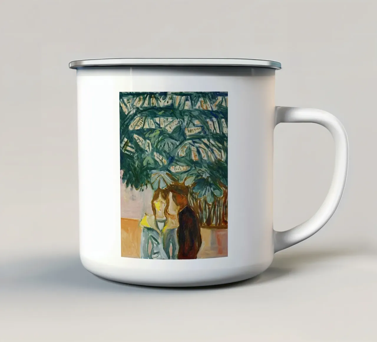 figure che abbracciano e interagiscono tazza in smalto da cupcup art