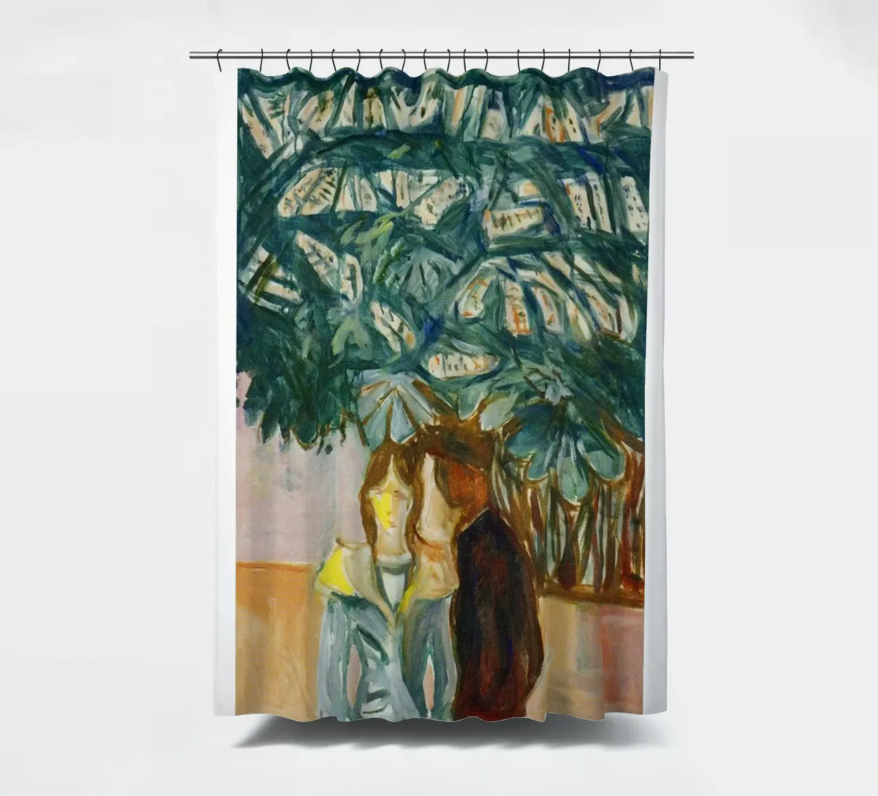figures who embrace and interact shower curtain by cupcup art