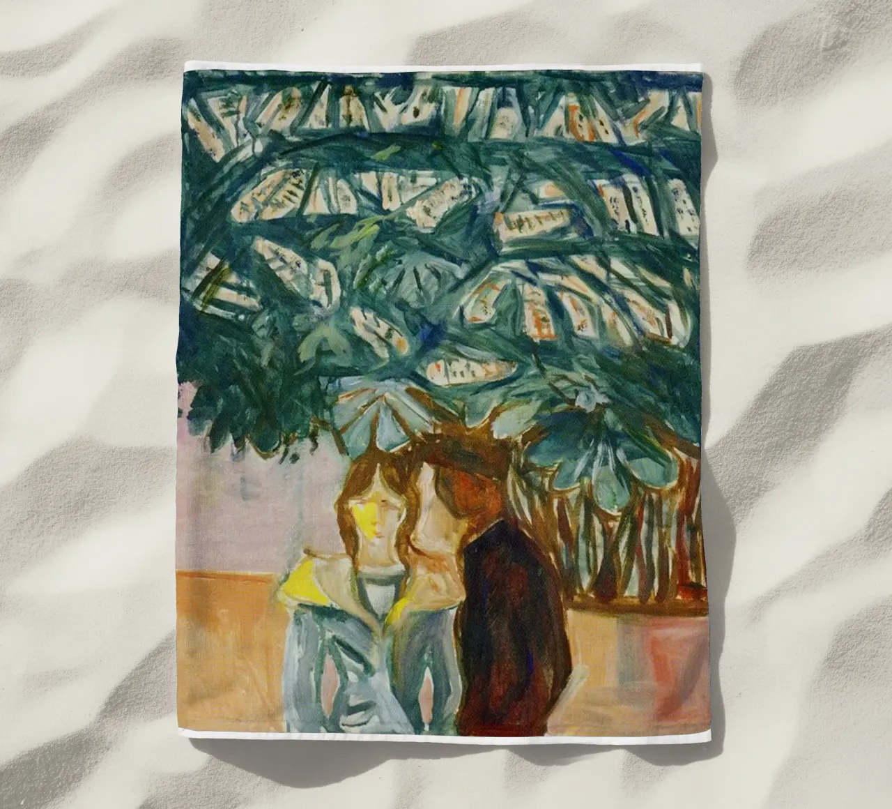 figures who embrace and interact beach towel by cupcup art