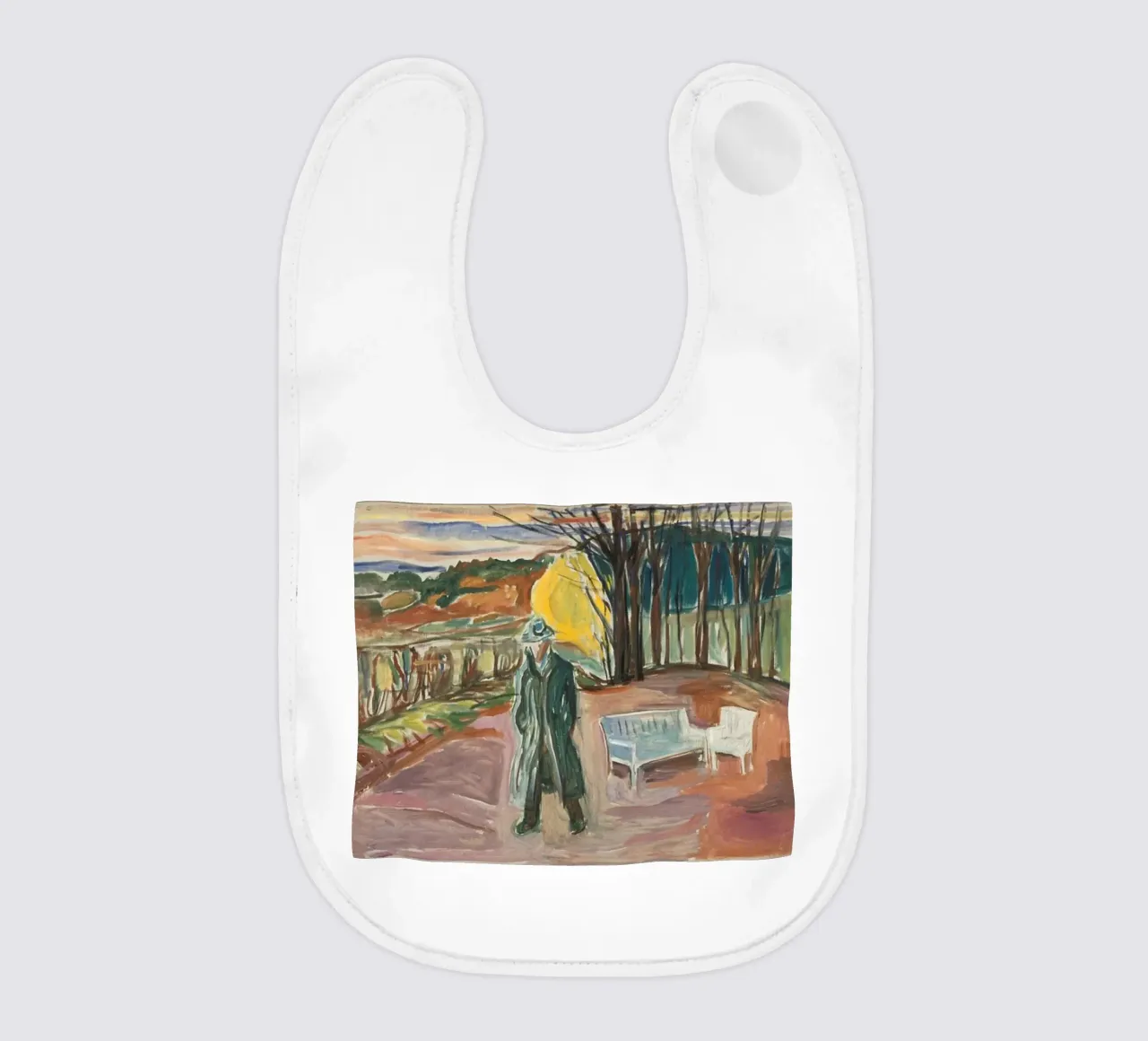 outdoor scene of men's coat baby bib by cupcup art