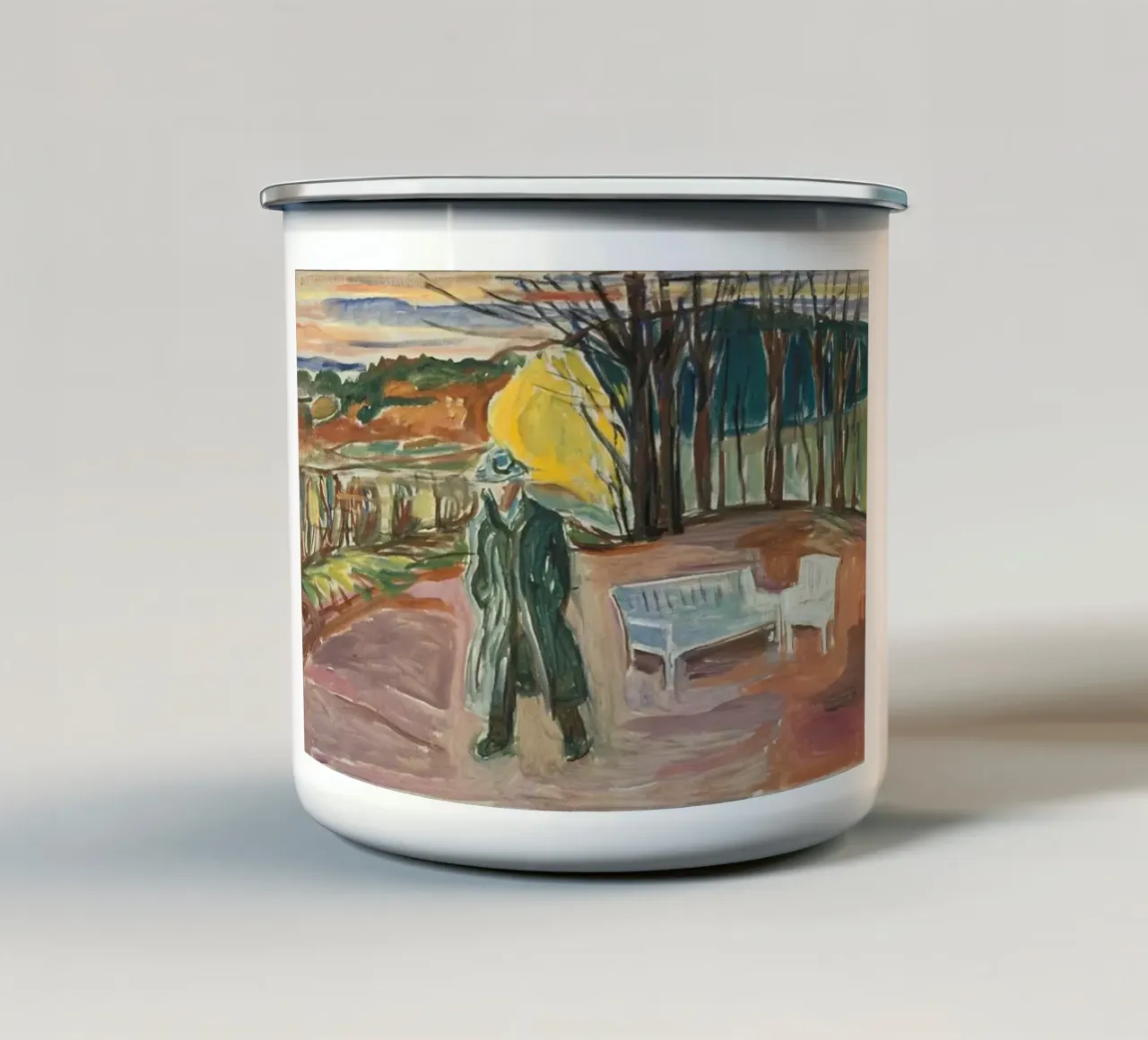 scena all'aperto di cappotto da uomo tazza in smalto da cupcup art