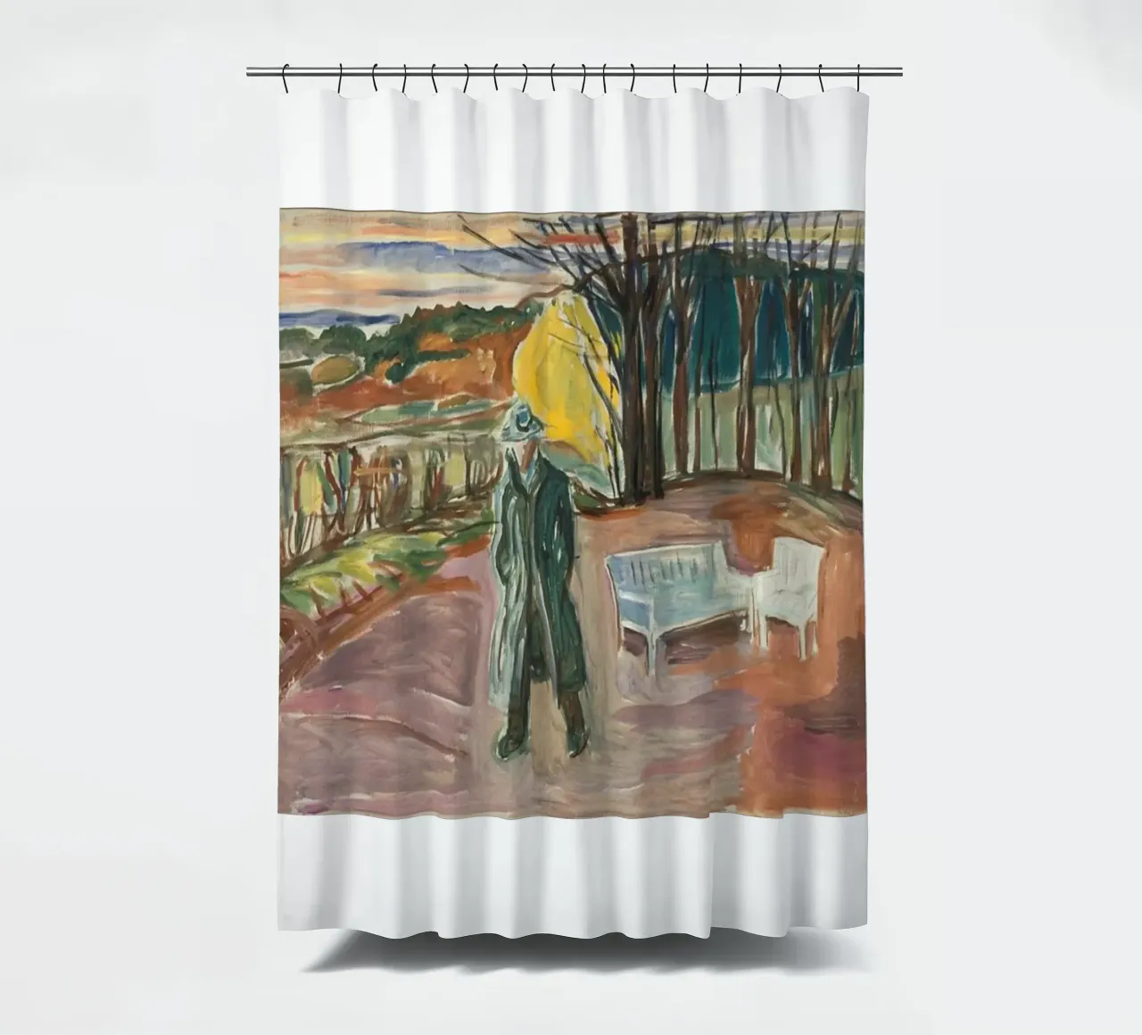 outdoor scene of men's coat shower curtain by cupcup art