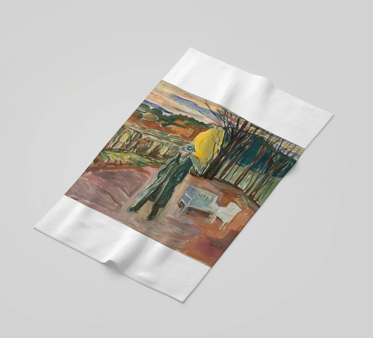 outdoor scene of men's coat beach towel by cupcup art