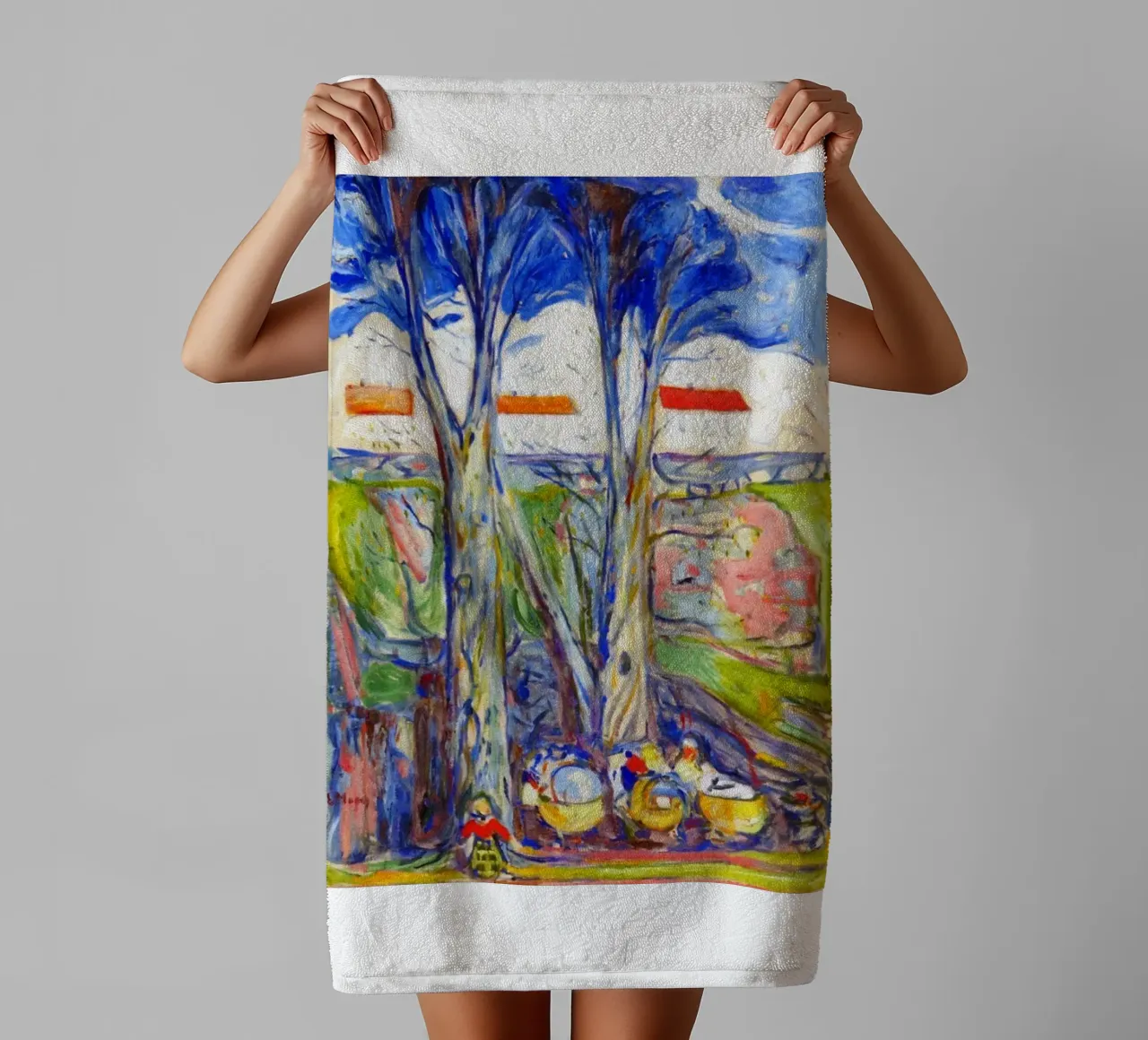 leaning under a big tree towel by cupcup art