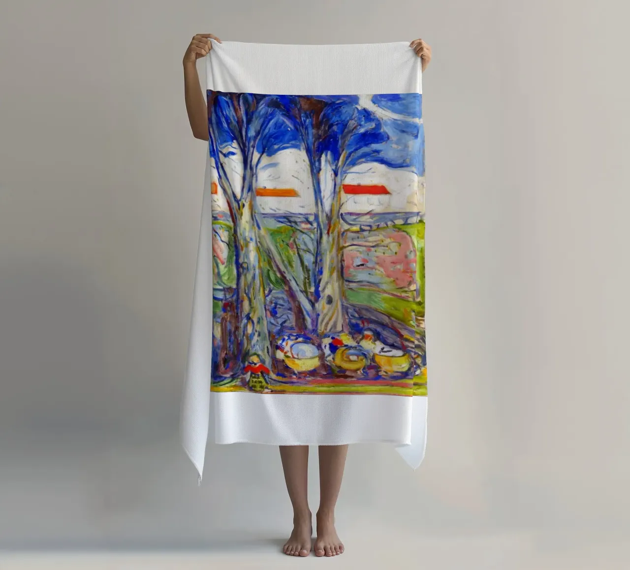 leaning under a big tree beach towel by cupcup art