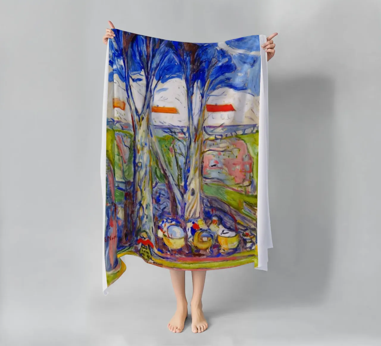 leaning under a big tree beach towel by cupcup art
