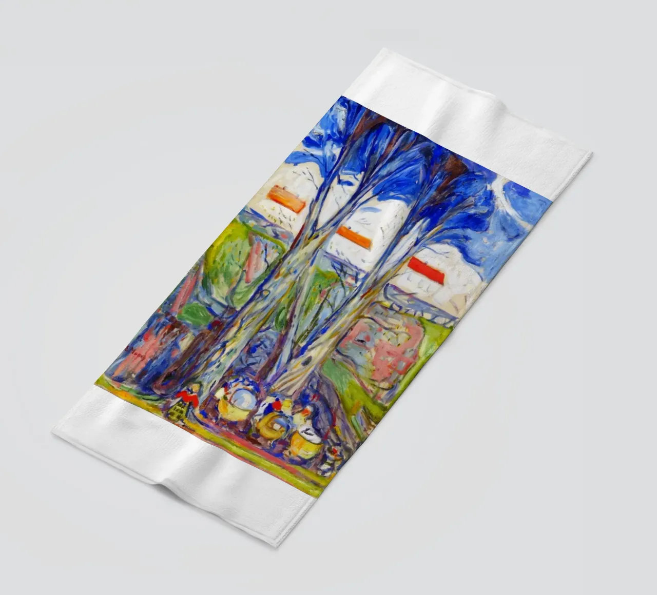 leaning under a big tree beach towel by cupcup art