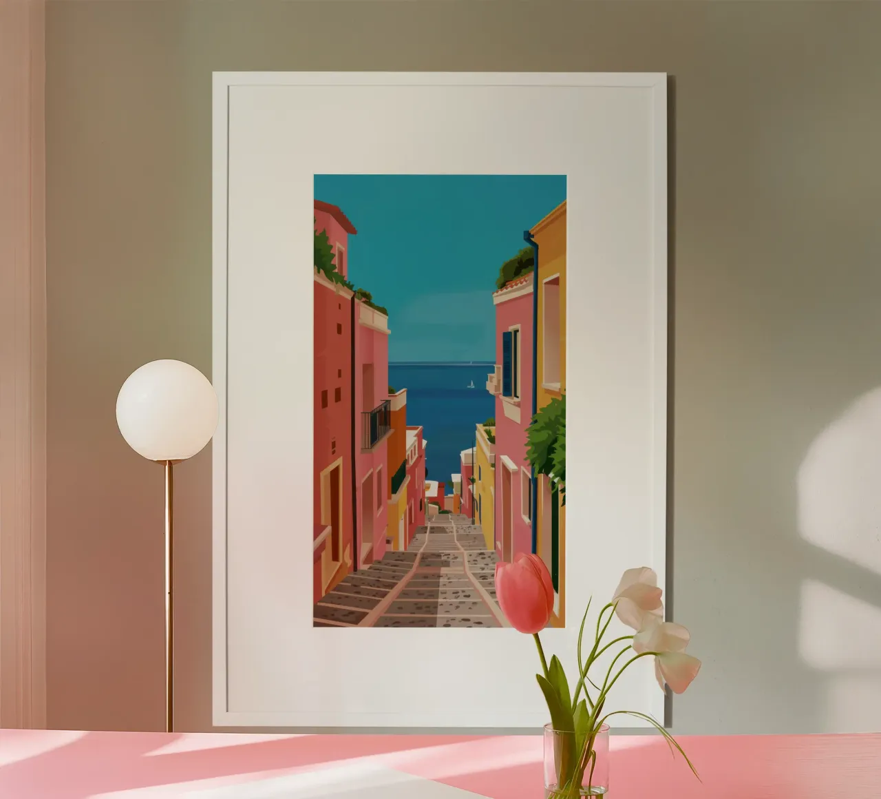 Vicolo dell'ora d'oro poster con telaio in legno da Arcane Lines