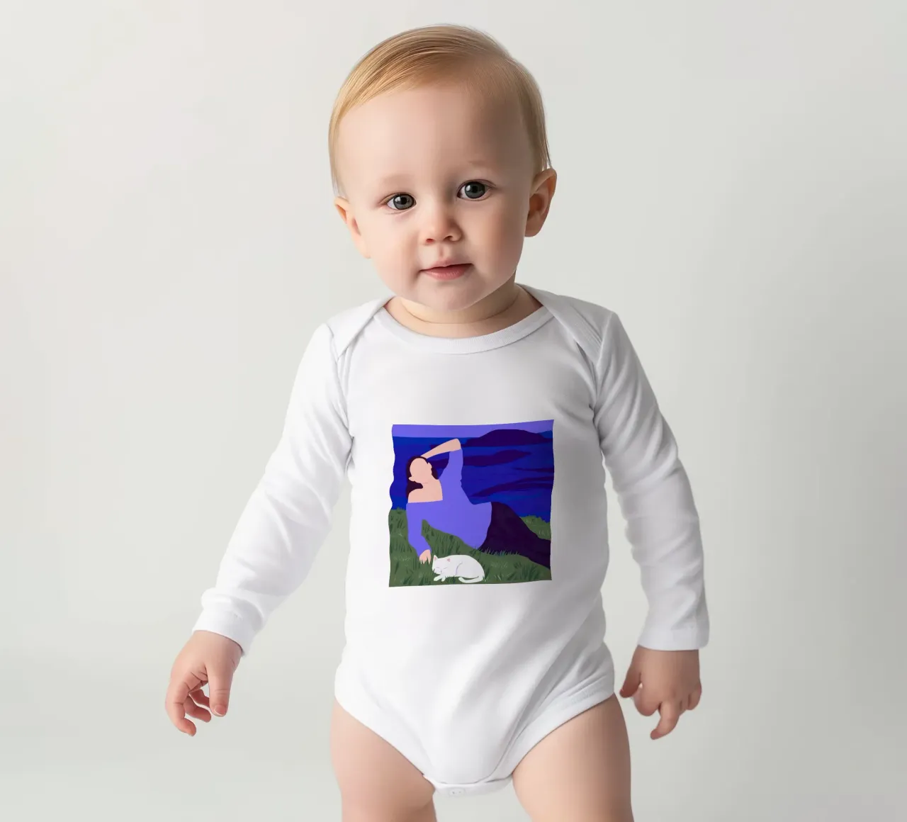 Nocturne Feline Chase long-sleeve baby romper by Hollow Years