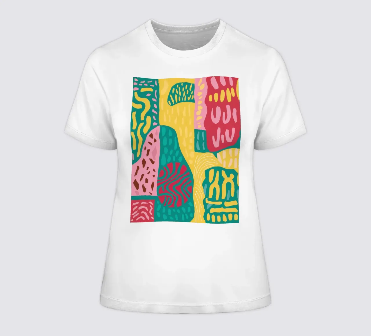 Vibrant Pattern Patchwork dames t-shirt getailleerd van Sentinel Glow