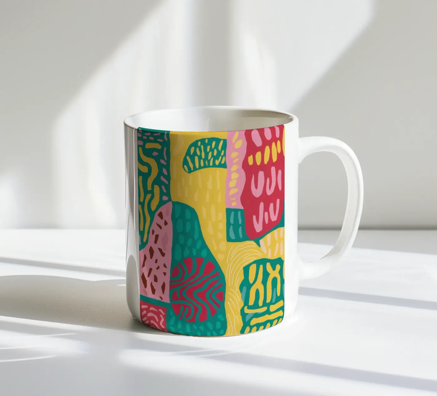 Vibrant Pattern Patchwork ceramic mug by Sentinel Glow