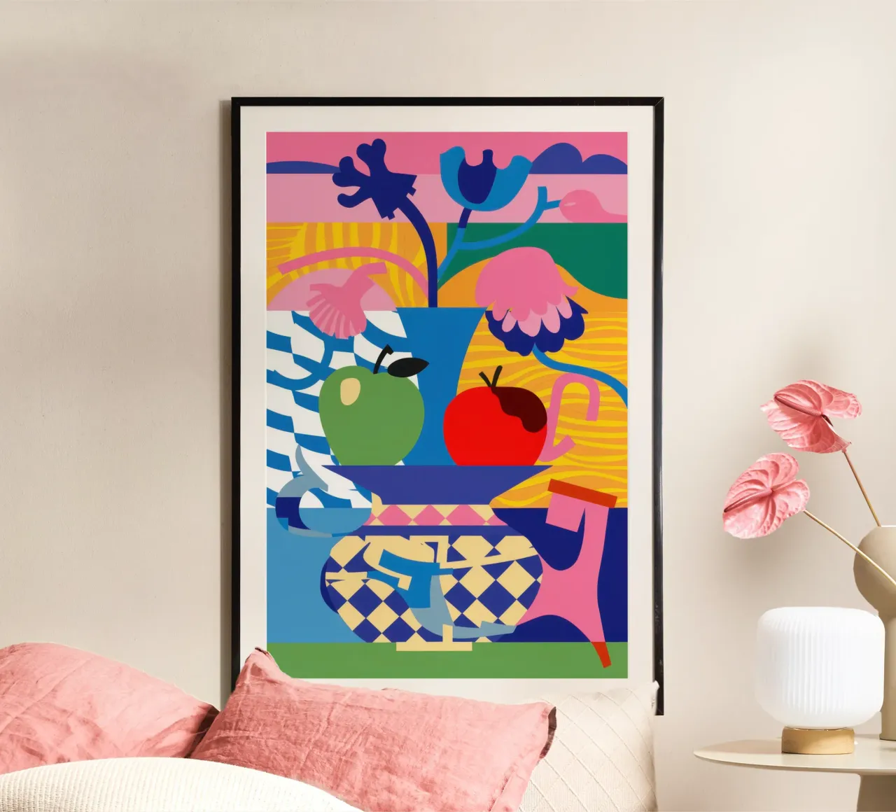 Medley di fiori cubisti poster con telaio in plastica da Mossy Pigment
