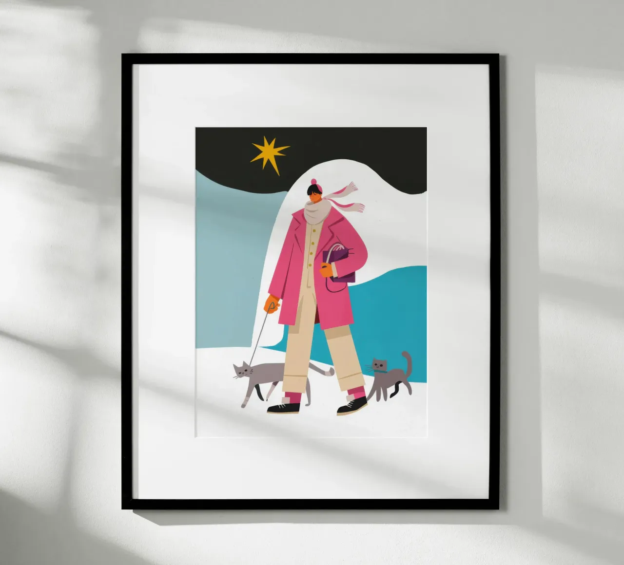 Passeggiata invernale felina poster con telaio in alluminio da Mossy Pigment