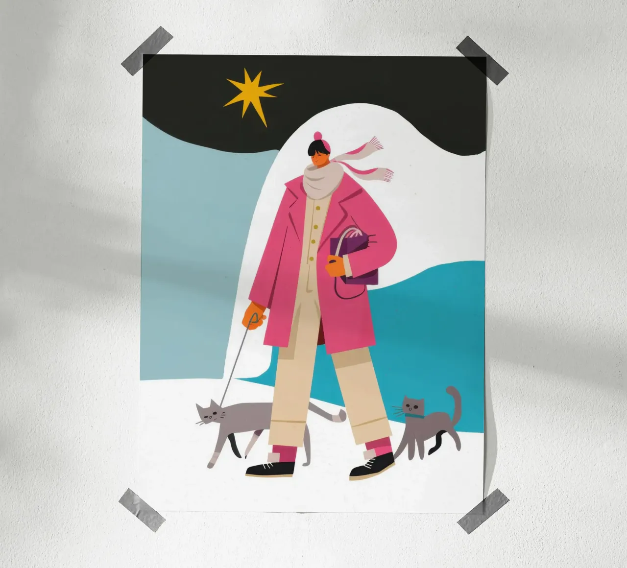 Passeggiata invernale felina poster con telaio in alluminio da Mossy Pigment