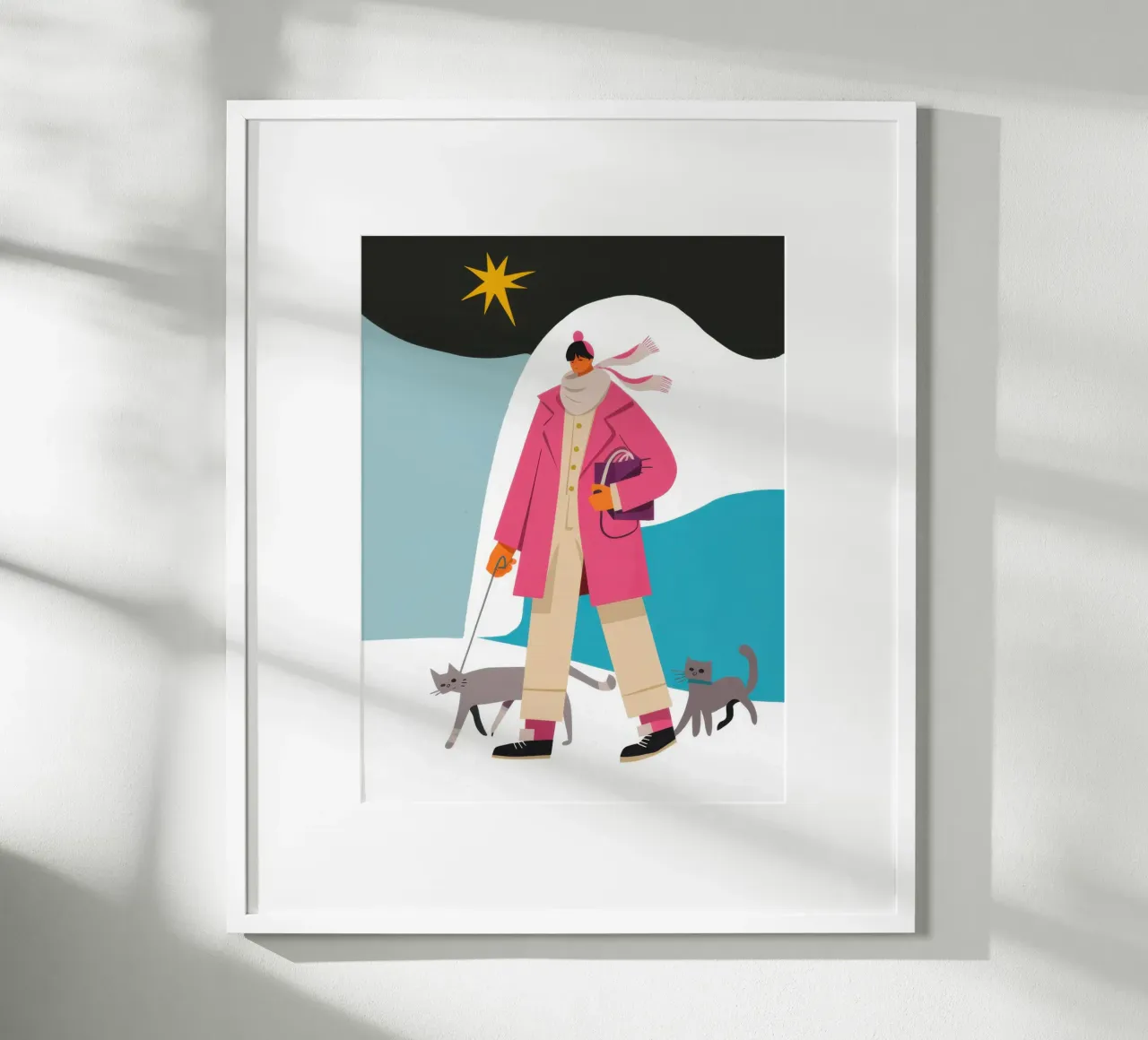 Passeggiata invernale felina poster con telaio in alluminio da Mossy Pigment