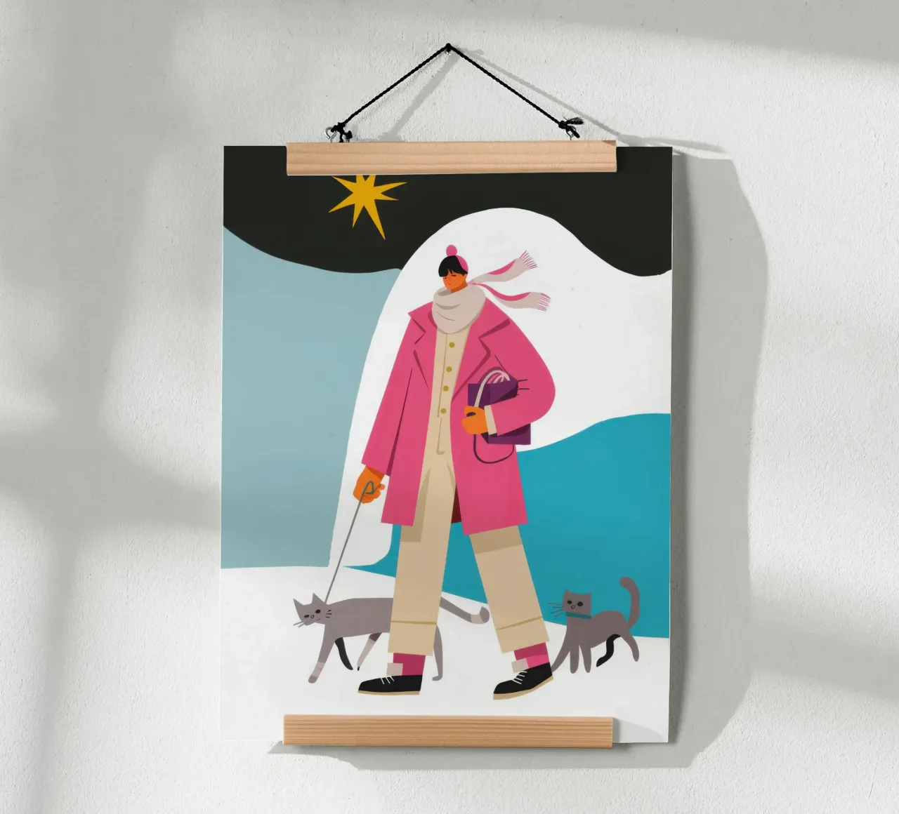 Passeggiata invernale felina poster con telaio in alluminio da Mossy Pigment