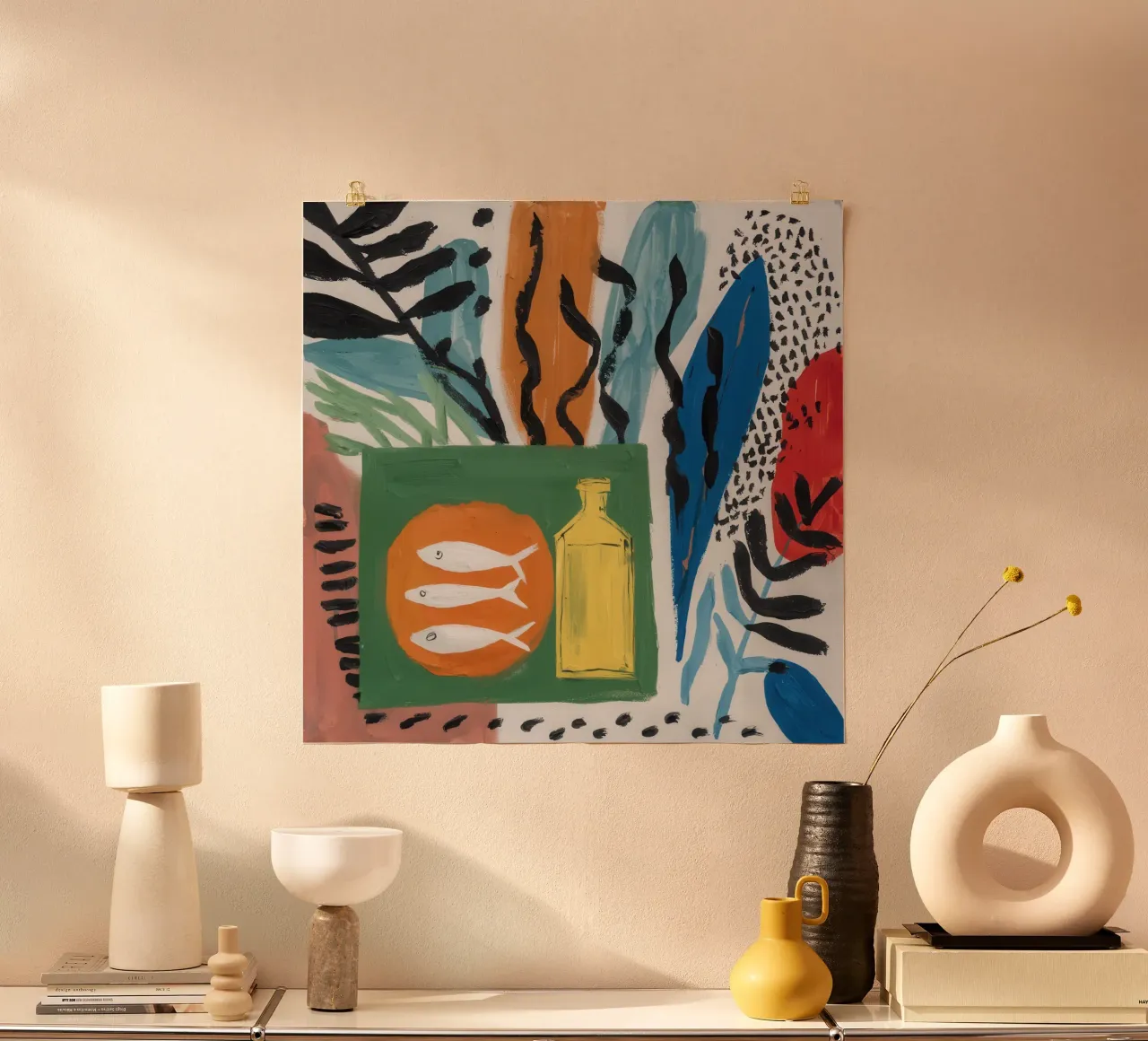 Tableau di pesce Trio poster con telaio in legno da Arcane Lines