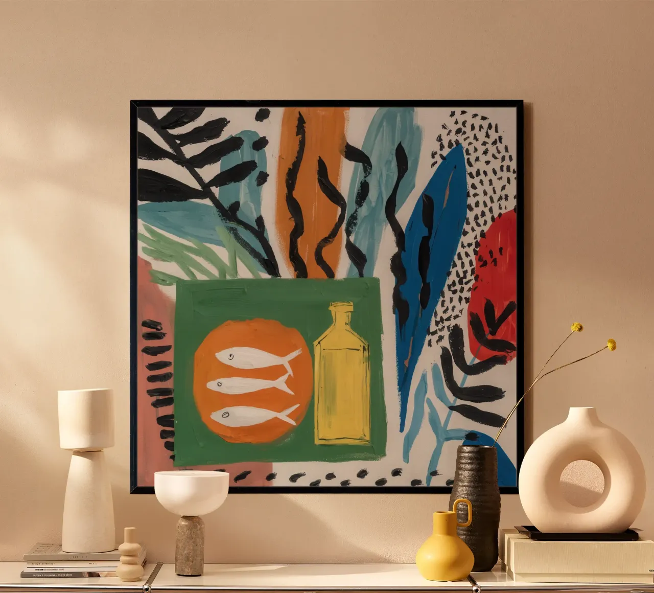 Tableau di pesce Trio poster con telaio in legno da Arcane Lines