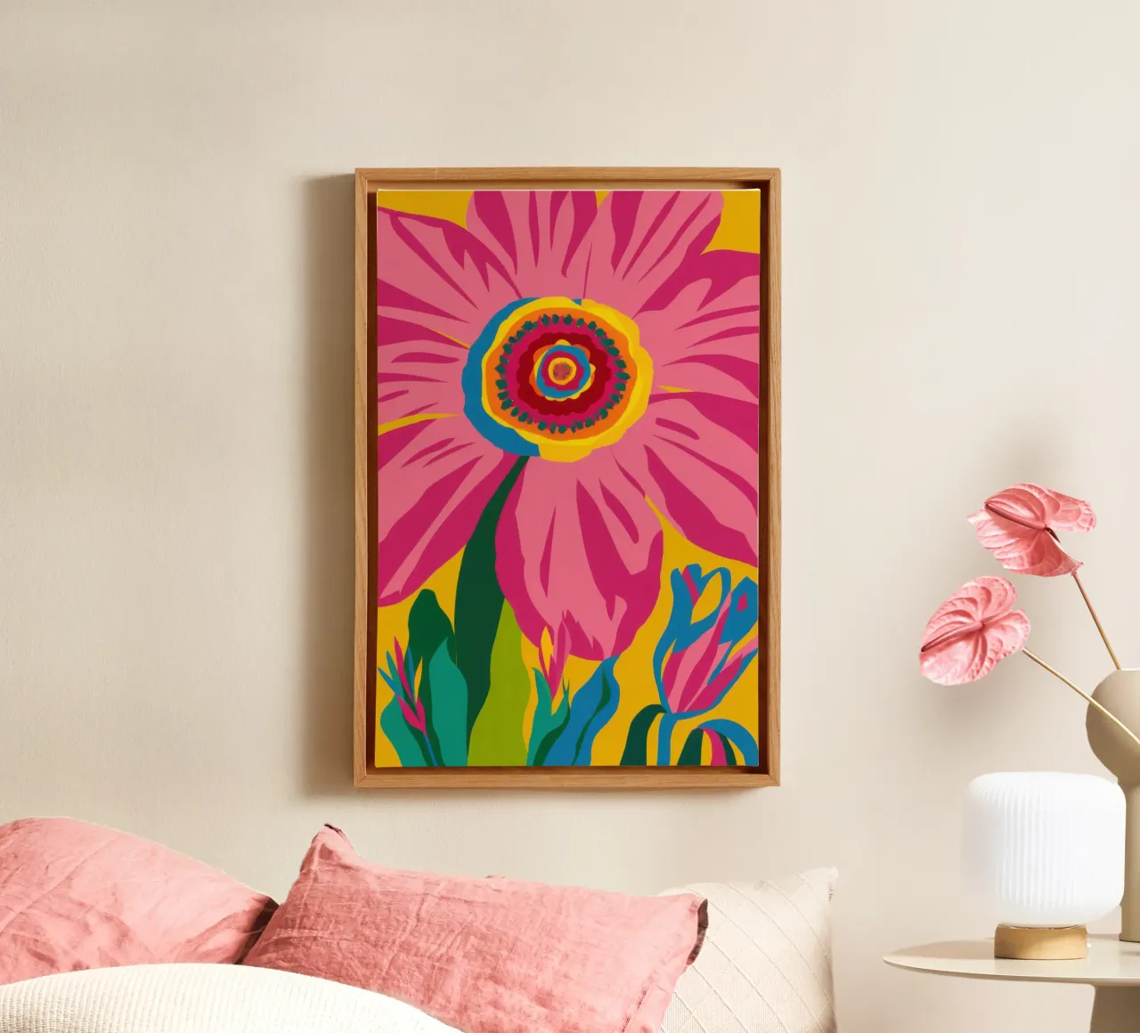 Fuchsia Zonnebloem Ziel canvas met Baklijst van Arcane Lines