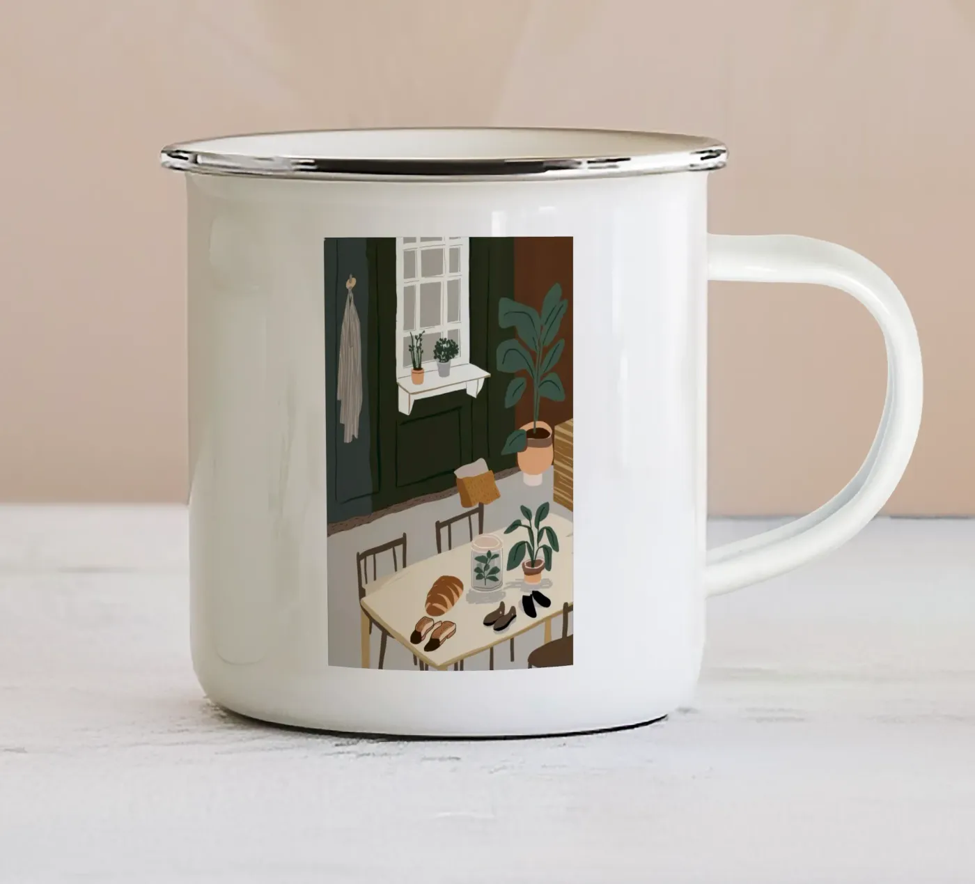 Dining Table Shadows enamel mug by Lune Dreams