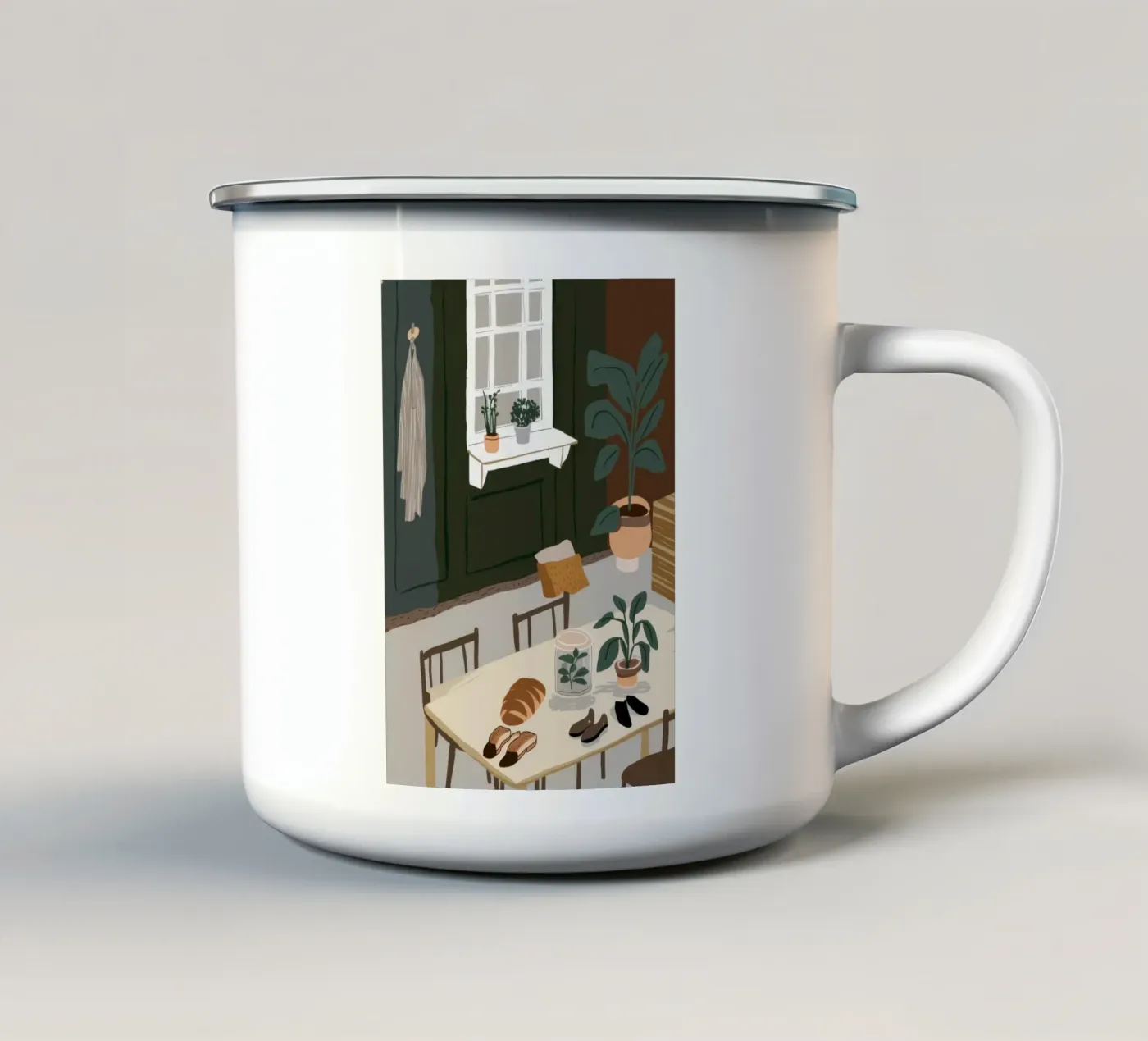 Dining Table Shadows enamel mug by Lune Dreams