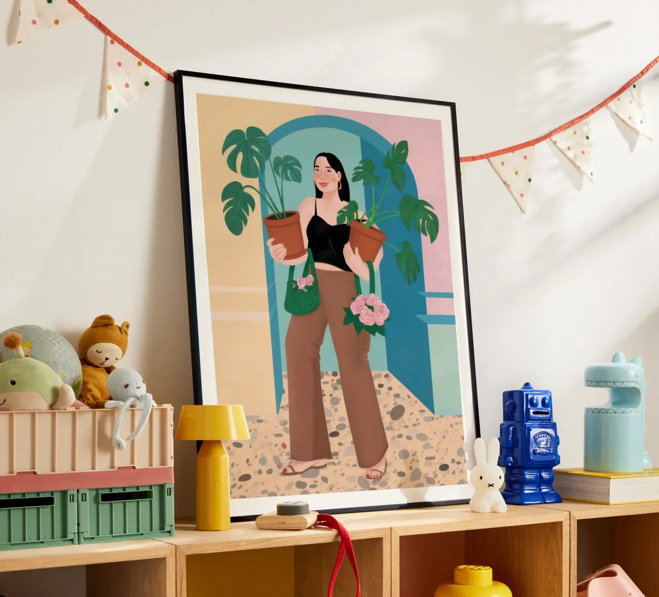 Monstera Muse Poise poster con telaio in alluminio da Mossy Pigment