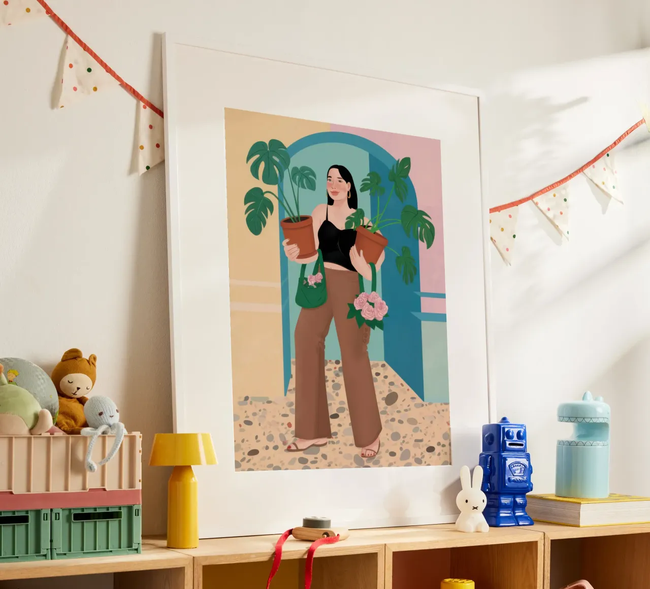Monstera Muse Poise poster con telaio in alluminio da Mossy Pigment