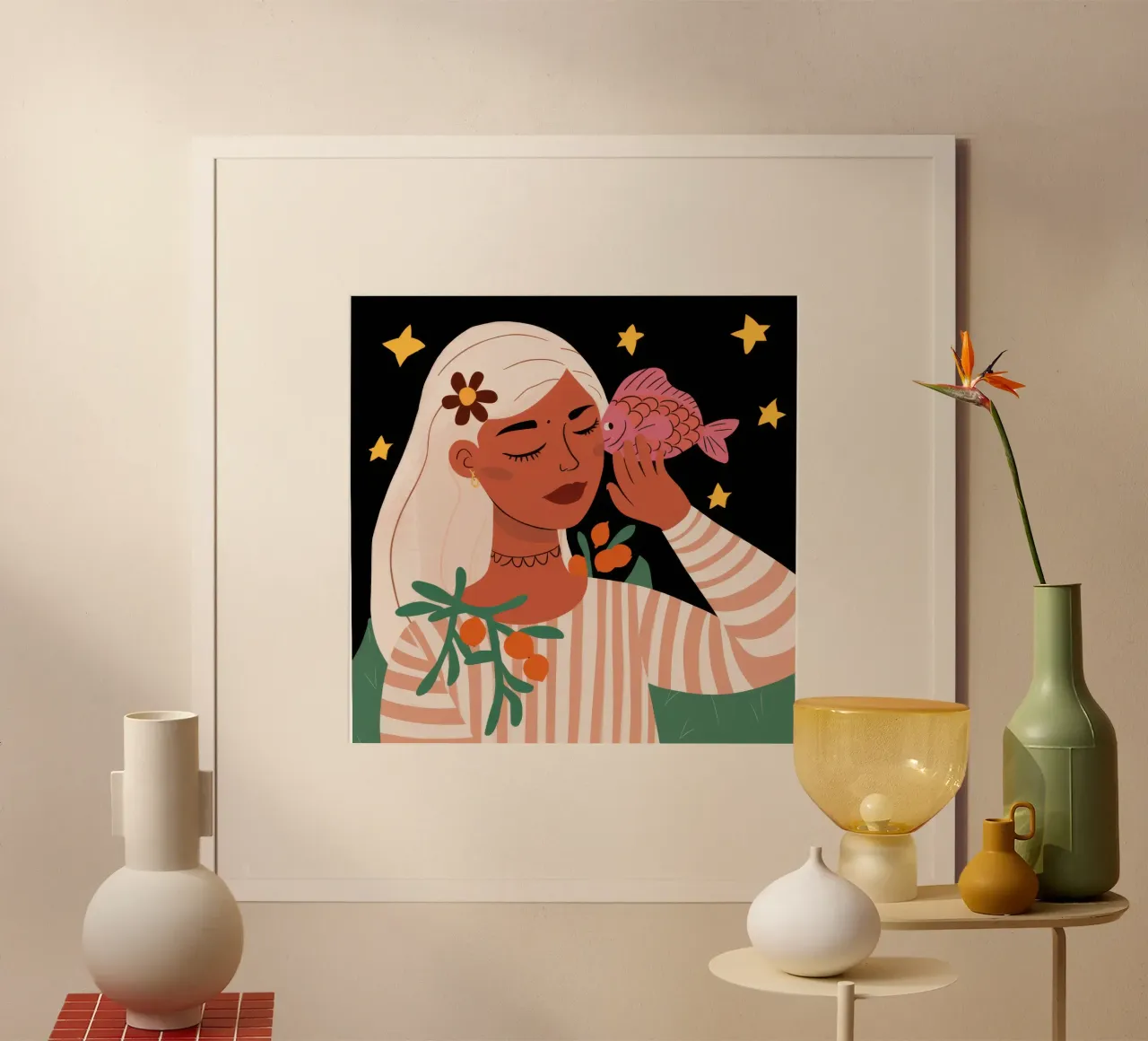 Sognatore di fiori celesti poster con telaio in alluminio da Mossy Pigment