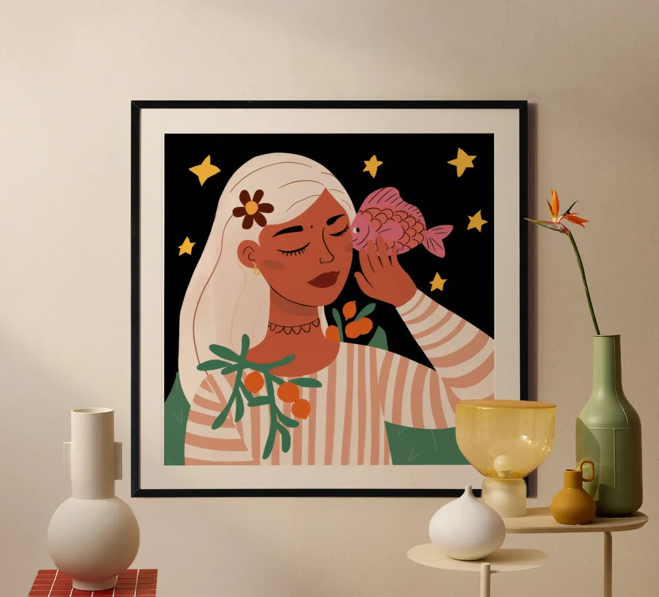 Sognatore di fiori celesti poster con telaio in alluminio da Mossy Pigment