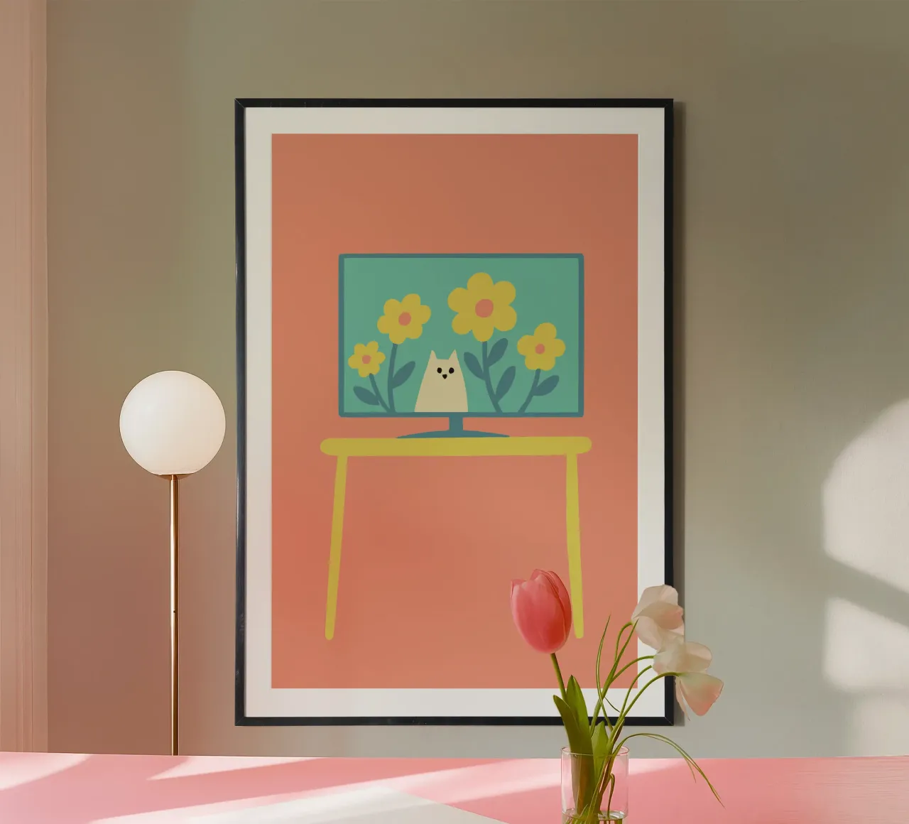 Gatto sullo schermo della televisione poster con telaio in alluminio da TRENDY POSTER SHOP