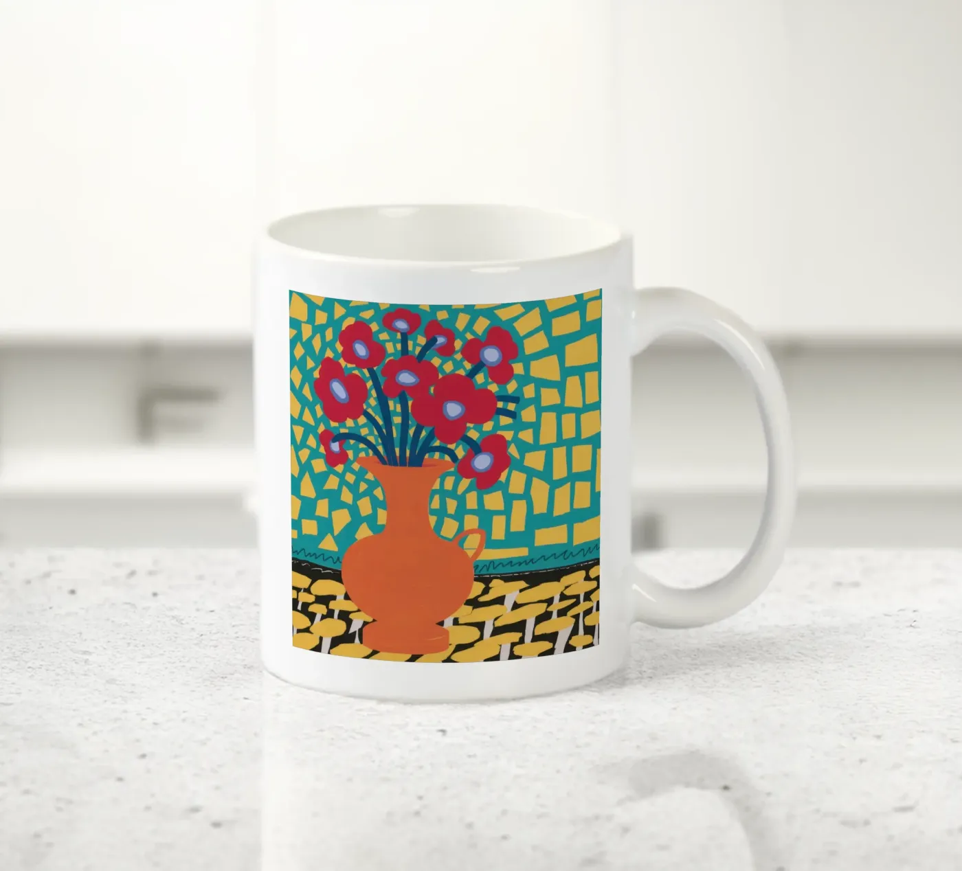 Poppy Patchwork Joy ceramic mug by Arcane Lines