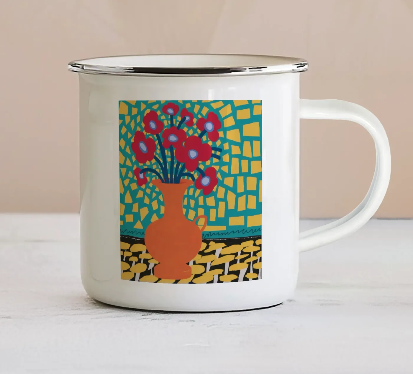 Mohn Patchwork Freude Emaille Tasse von Arcane Lines