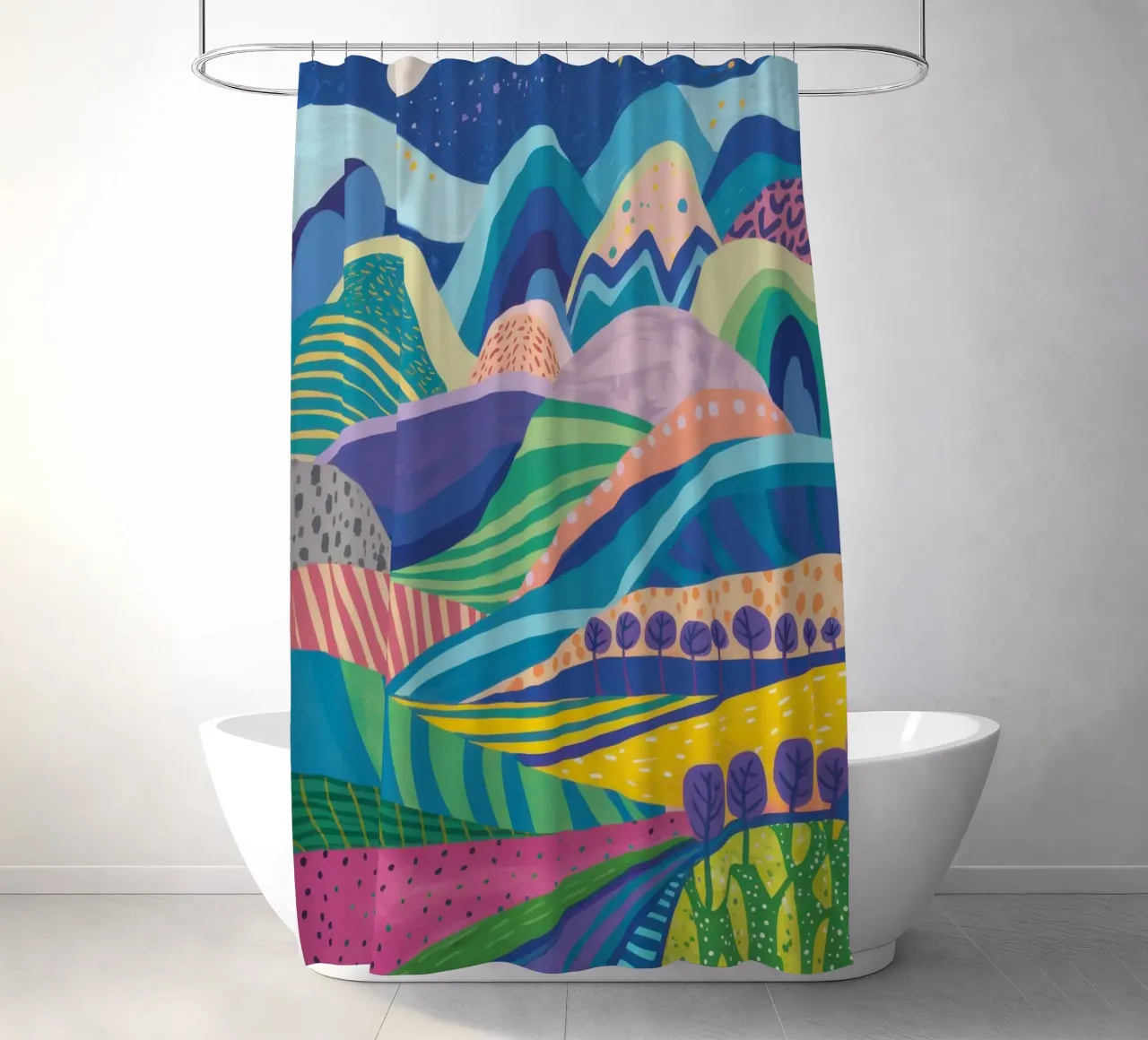 Psychedelic Hillscape shower curtain by Lune Dreams