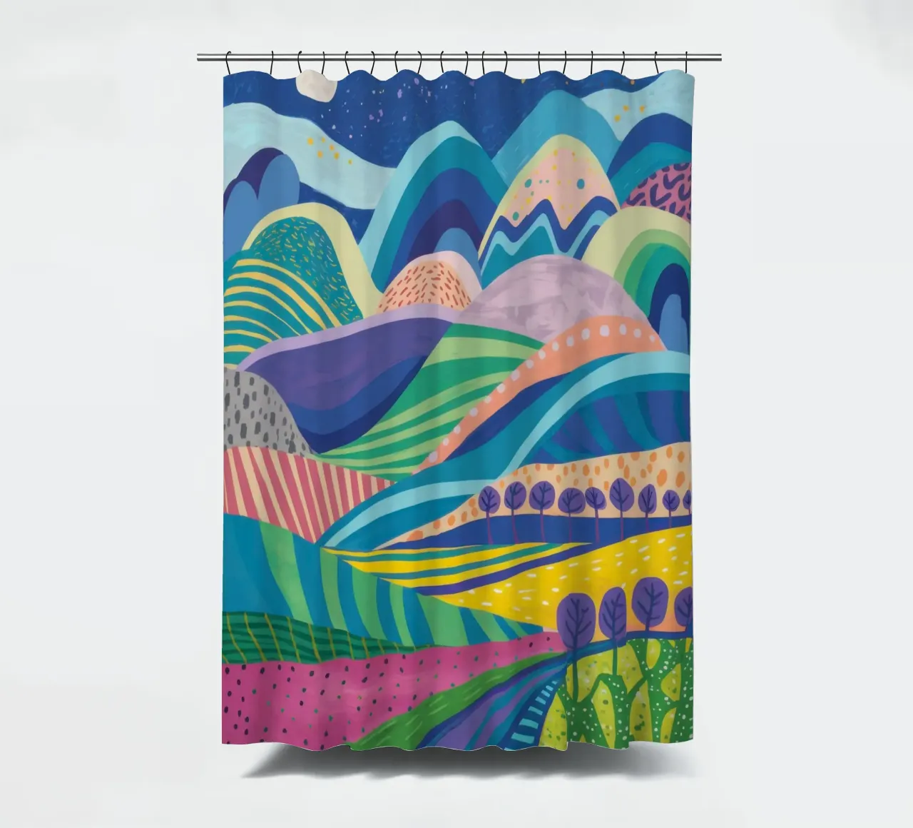Psychedelic Hillscape shower curtain by Lune Dreams