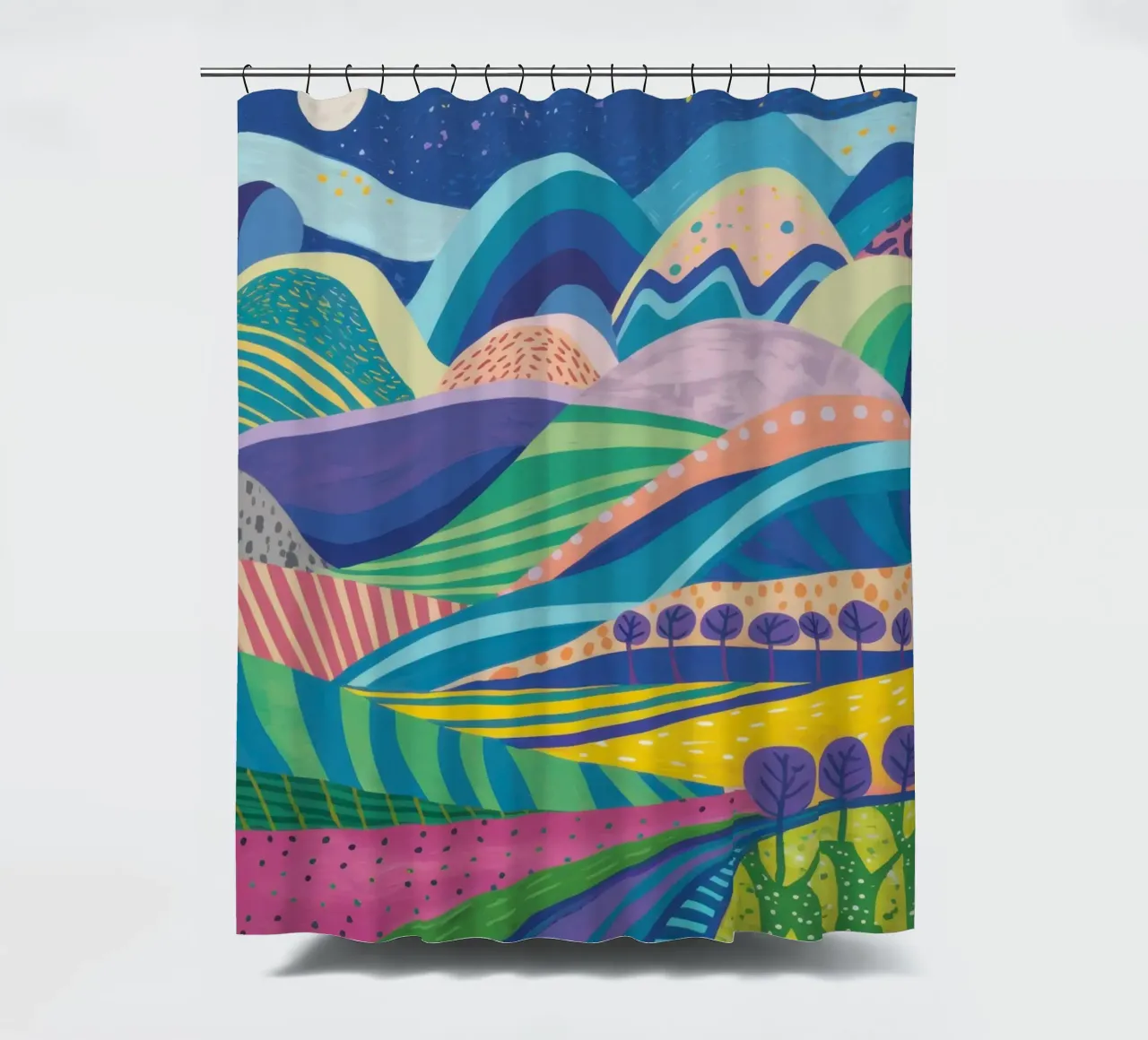 Psychedelic Hillscape shower curtain by Lune Dreams