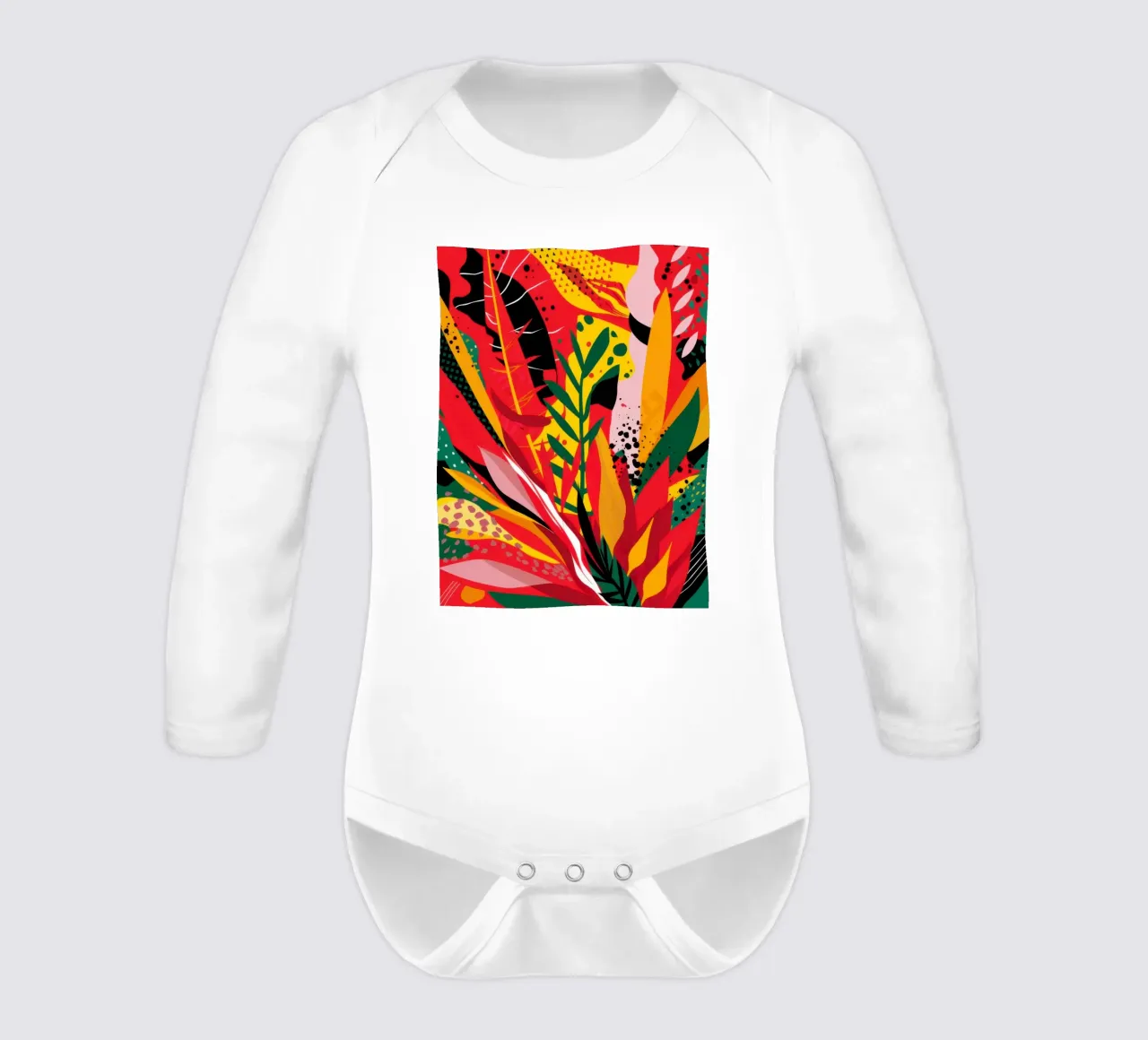 Primal Tropic Blaze long-sleeve baby romper by Arcane Lines