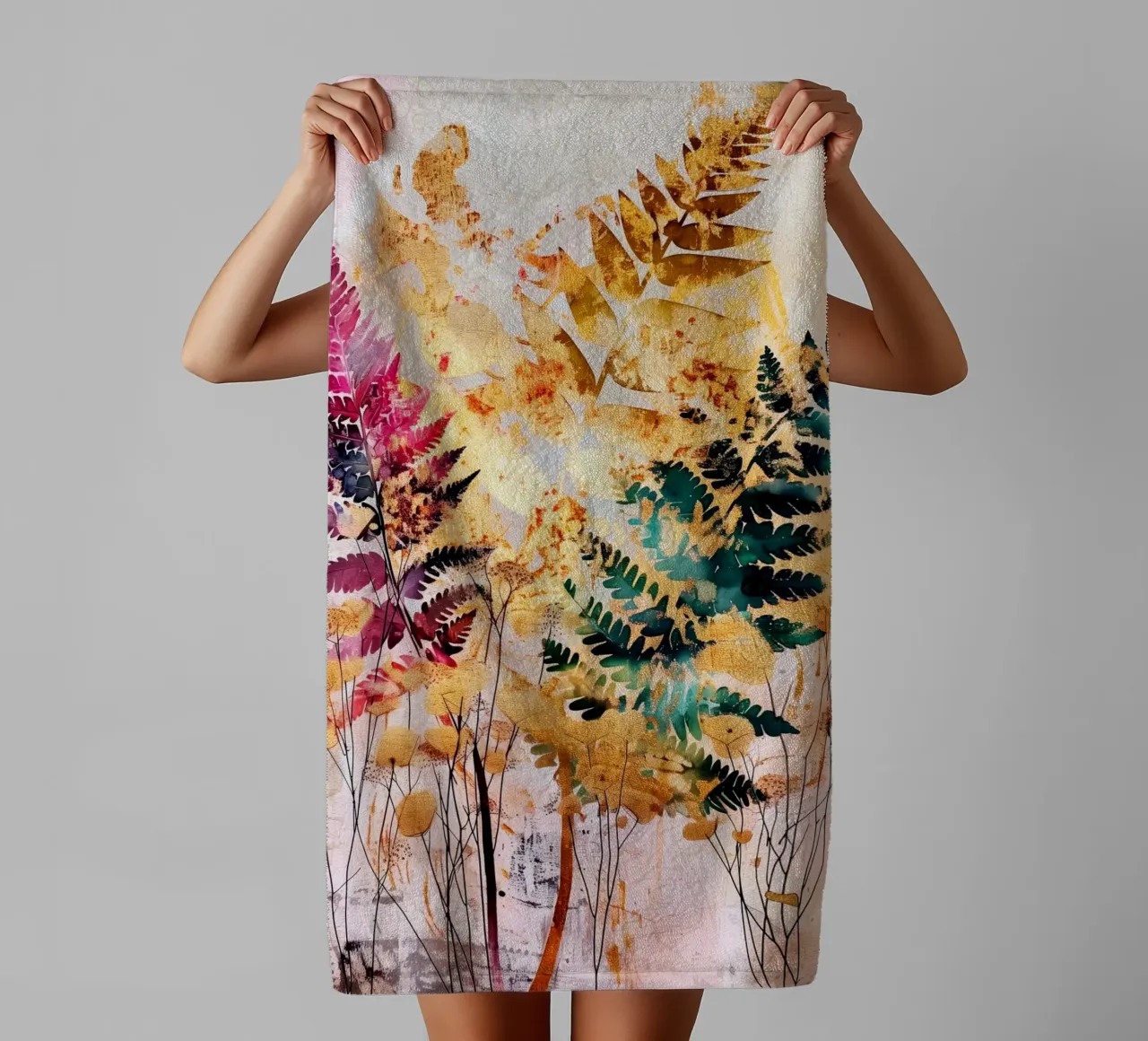 Golden ferns towel by Justyna Jaszke JBJart