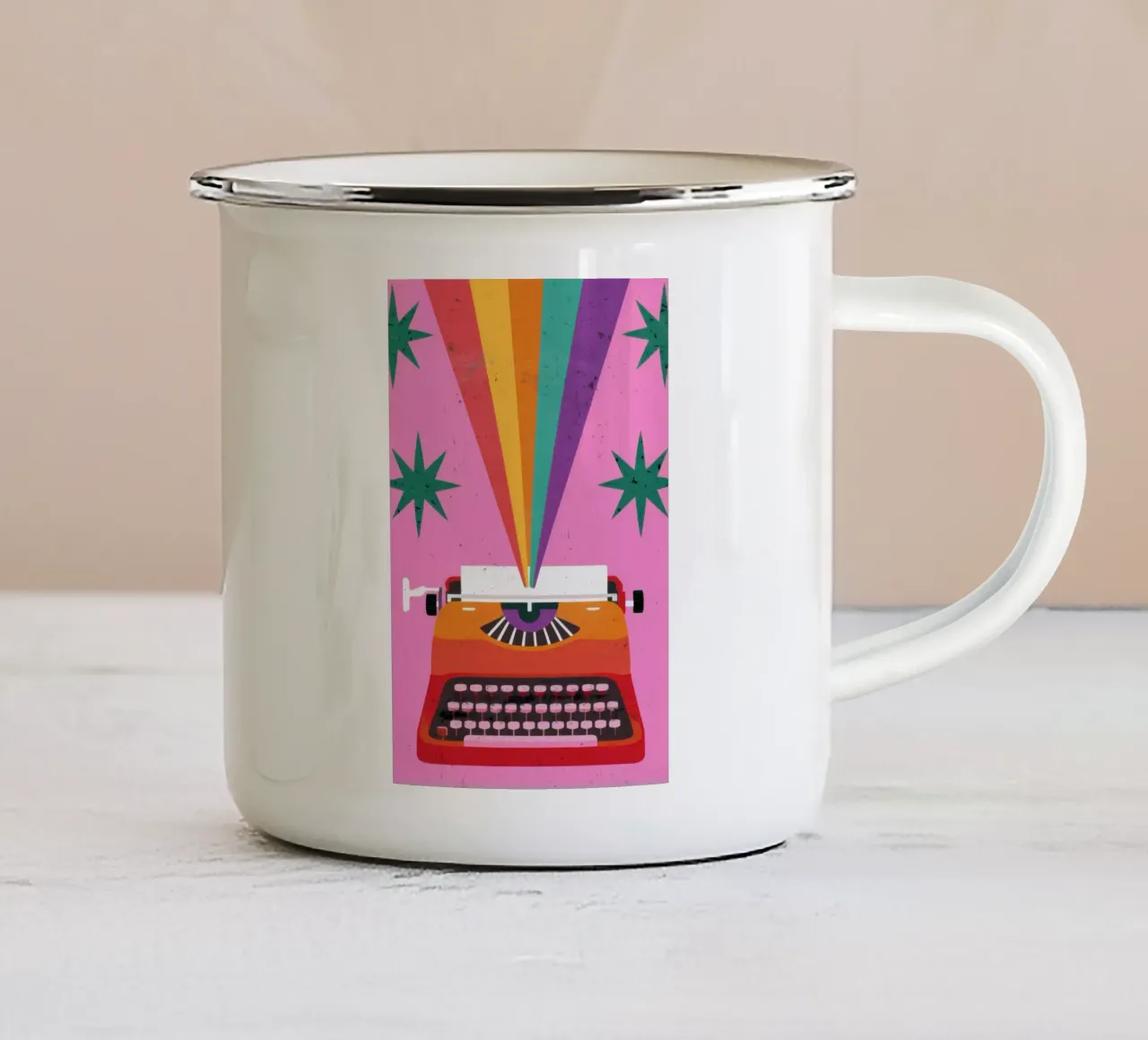 Macchina da scrivere arcobaleno tazza in smalto da Lune Dreams