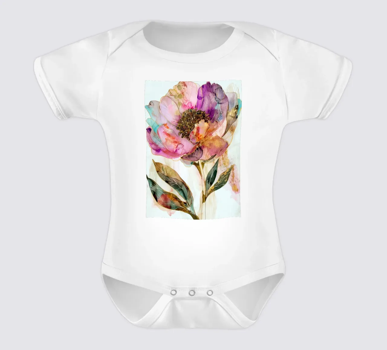 Golden Peonies short-sleeve baby romper by Justyna Jaszke JBJart