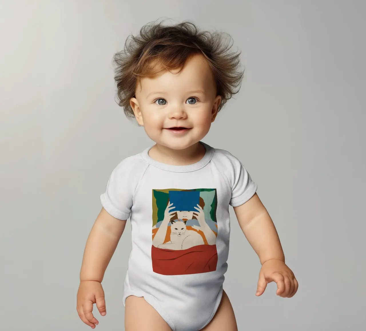 Reading with a Cat short-sleeve baby romper by Lune Dreams
